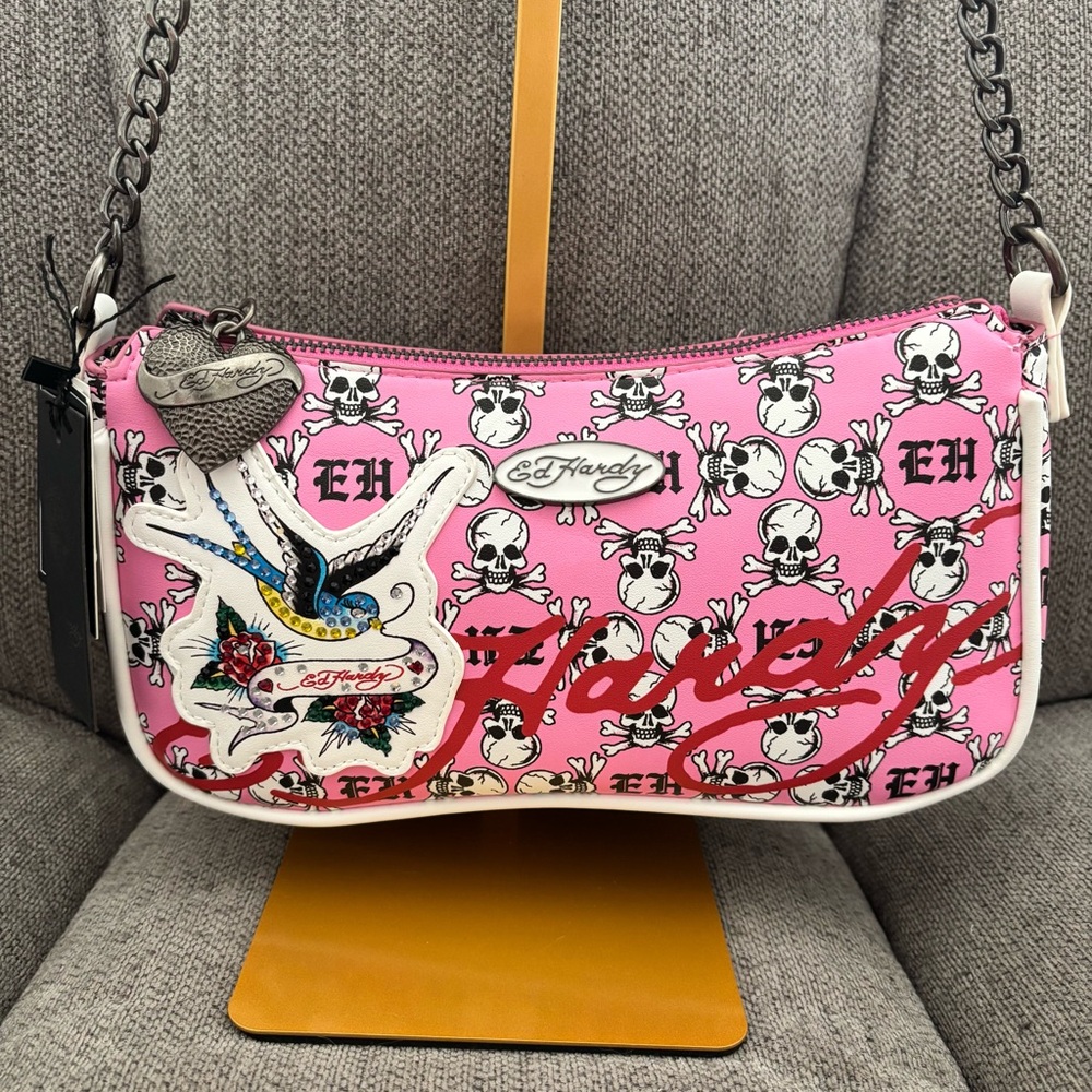 Ed Hardy Pink Skull Shoulder Bag • Y2K Tattoo Style • NWT - Picture 3 of 13